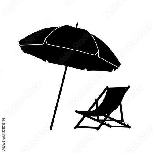 Beach umbrella and deck chair silhouette isolated on white background