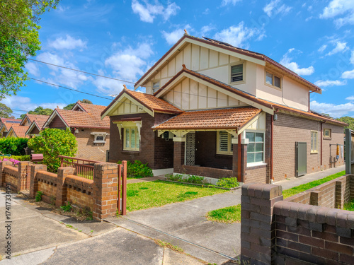 Heritage listed inner west Suburban residential Brick house in Sydney federation residential house in Sydney NSW Australia. Sought after houses due to their Architectural colourful exteriors