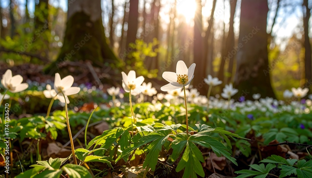 Obraz premium Spring blossoms in a sunlit forest