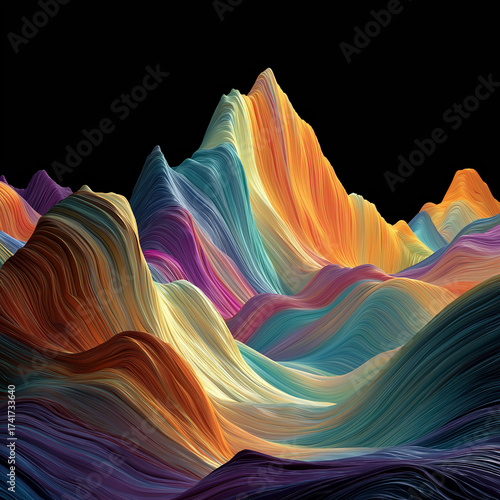 3d render of colorful abstract mountain with flowing waves, black background, vibrant colors, fluid lines, highly detailed, smooth curves, octane rendering, digital art style