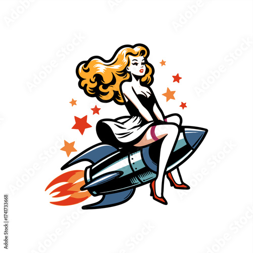 simple vector illustration pinup girl riding rocket