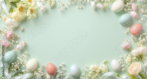 Easter Decorations with Eggs and Flowers on a Pastel Green Background