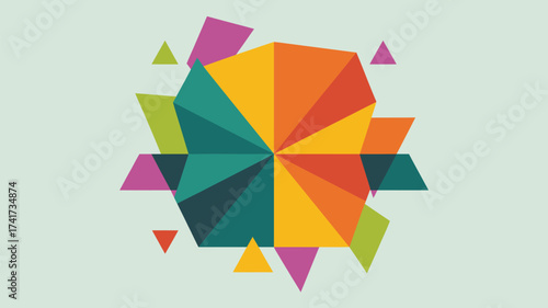 Abstract geometric explosion of colorful triangles and polygons on a light green background vector illustration