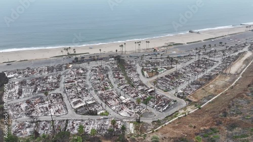 Aerial view of the L.A. fires that burnt and destroyed homes in Malibu and Pacific Palisades in Los Angeles, California.