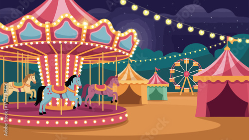 Amusement Park at Night with Carousel Ferris Wheel and Tents carnival