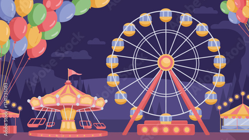 Amusement Park Scene with Ferris Wheel Carousel and Balloons at Dusk carnival fair