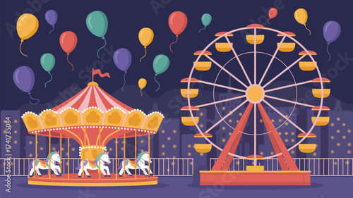 Amusement Park Scene With Carousel Ferris Wheel And Balloons At Night carnival fair