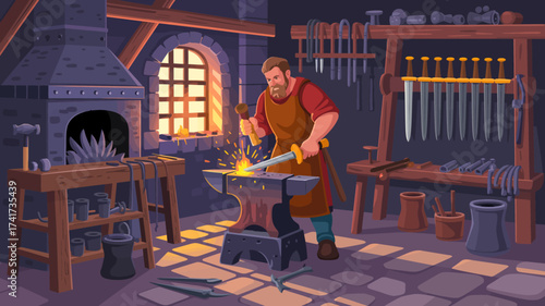 Blacksmith actively forging a sword with sparks flying in a dimly lit workshop Keywords: blacksmith, workshop, forge, anvil, hammer, sparks, fire, sword, forging, metalworking, craft, artisan