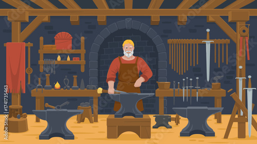 Blacksmith in his workshop with tools and weapons displayed on the walls and benches Keywords: blacksmith, workshop, forge, anvil, hammer, tools, weapons, swords, medieval, craft, artisan