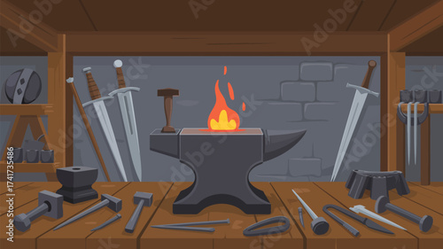 Blacksmiths anvil with a fire and swords on the wall in a workshop glowing hot metal