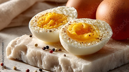 A halved hard boiled egg seasoned with pepper sits atop a white stone surface next to whole eggs, creating a simple and visually appealing food still life.