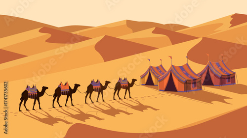 Caravan of camels walking through desert dunes towards tents at sunset sand dunes