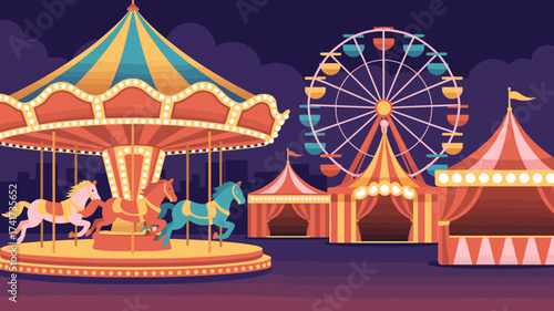 Carousel and Ferris Wheel at a Festive Carnival at Night amusement park fair