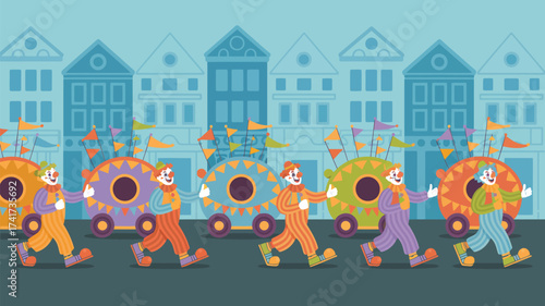 Cartoon clowns with circus wagons parade in front of stylized buildings vector illustration