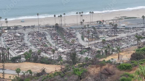 Aerial view of the L.A. fires that burnt and destroyed homes in Malibu and Pacific Palisades in Los Angeles, California.