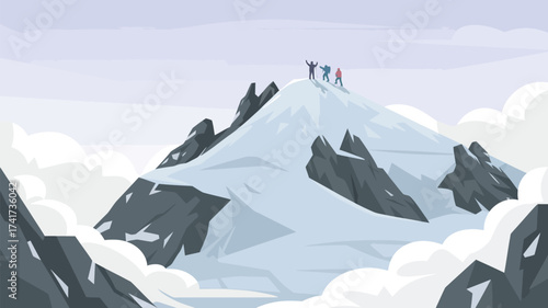 Climbers Celebrating on a Snow- Covered Mountain Summit Above Clouds climbing mountaineering
