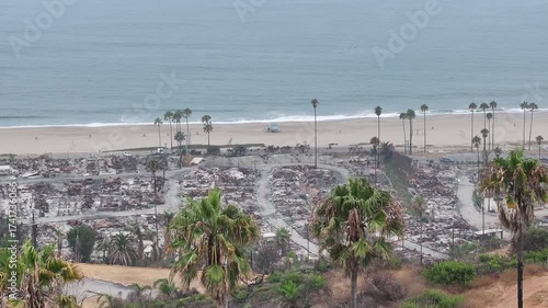 Aerial drone shot of the L.A. fires that burnt and damaged homes in Malibu and Pacific Palisades in Los Angeles, California.