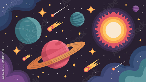 Colorful Cartoon Space Scene with Planets, Stars, and Comets galaxy cosmos