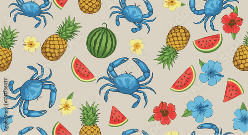Seamless Tropical Summer Pattern with Crabs, Pineapples, Watermelons, and Hibiscus Flowers