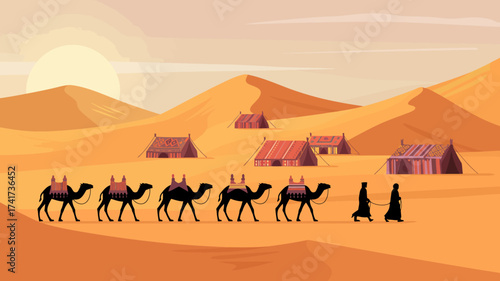 Desert Caravan with Camels and Tents Under a Setting Sun sand dunes