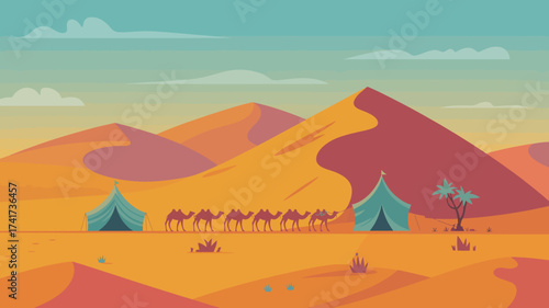 Desert Caravan with Camels and Tents Under a Sunset Sky sand dunes