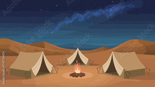 Desert Landscape at Night with Three Tents and a Campfire Under the Milky Way vector illustration