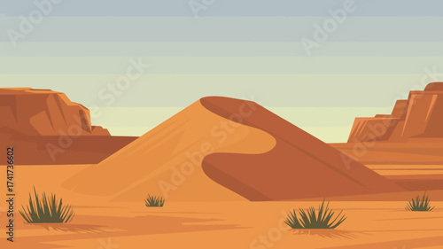 Desert Scene with Large Sand Dune and Rocky Outcrops landscape rock formations