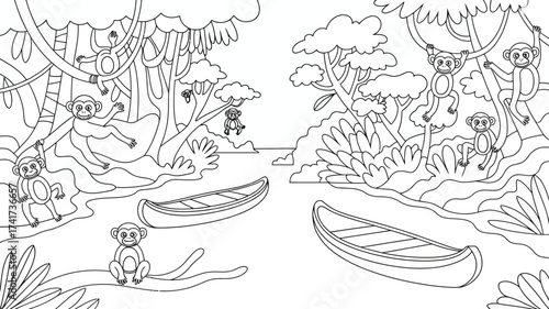 Detailed outline drawing of a jungle with monkeys, canoes, and tropical plants river trees
