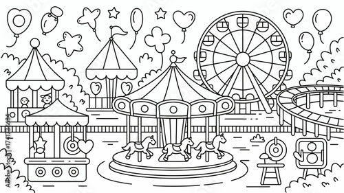 Detailed outline illustration of a busy amusement park scene with rides and attractions Keywords: amusement park, carnival, fairground, carousel, Ferris wheel, rides, entertainment, fun