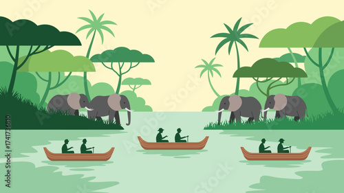 Elephants and people in boats on a river in a jungle setting nature
