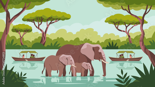 Elephant family in water with boats carrying people on a river safari vector illustration