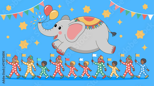 Elephant in a parade with balloons, confetti, stars, and marching clowns and children Keywords: elephant, parade, circus, celebration, balloons, confetti, stars, clowns, children, marching, flags