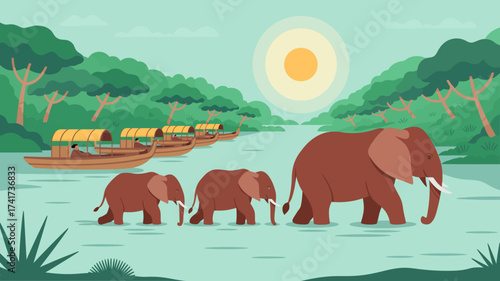 Elephants walking in water with boats on a river under a sunlit sky vector illustration