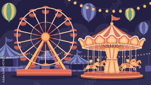 Evening Amusement Park with Ferris Wheel Carousel and String Lights carnival fair