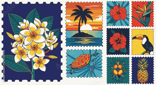 Vibrant Tropical Postage Stamp Collection with Exotic Flowers, Wildlife, and Island Scenery