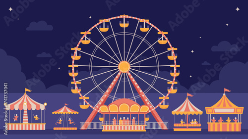 Evening Carnival with Ferris Wheel, Tents, and People on Rides amusement park fair