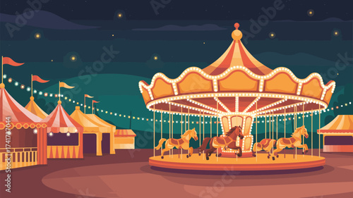 Evening Carnival with Carousel and Tents under a Starry Sky night fair