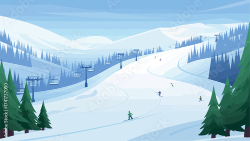 Expansive Ski Resort with Multiple Slopes, Ski Lifts, and Dense Pine Forests cable car ski run