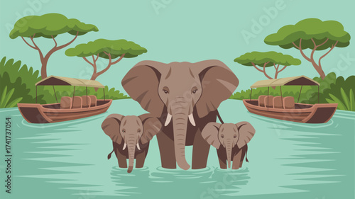 Family Of Elephants In River With Safari Boats water