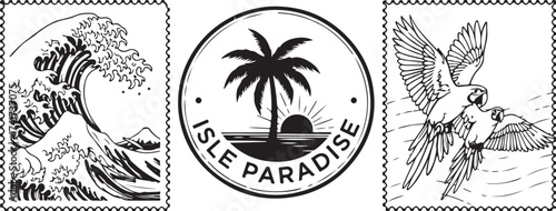 Set of Illustrative Stamp Designs with Ocean Wave, Tropical Island, and Flying Parrots