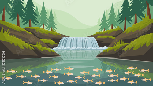 Forest Waterfall with Reflecting Pool and Large School of Fish river