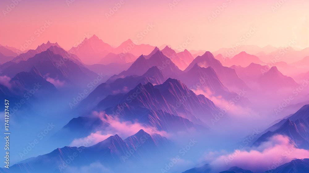Obraz premium Holographic mountain ranges at dawn, with mist rolling over the peaks, misty mountains, with copy space