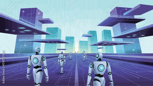 Futuristic robots walking through a neon city with digital circuit patterns android technology