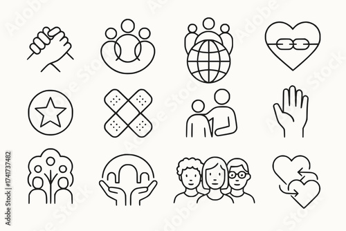 Minimalist Outline Icon Set of Empathy Healing and Community in Consistent Stroke Style