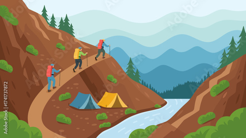 Hikers with backpacks and poles walk on a mountain trail with tents and a river below, distant hazy mountains
