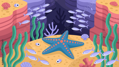 Large blue starfish surrounded by small fish and seashells on sandy seabed sea star underwater
