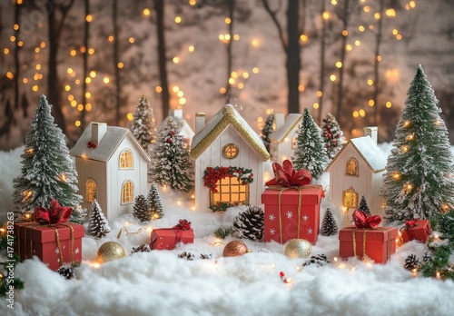 Festive christmas village scene displaying numerous presents underneath decorated trees creating a joyful atmosphere