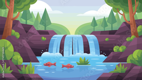 Lush Forest Scene with a Cascading Waterfall, Two Red Fish in a Pool, and Green Foliage nature landscape