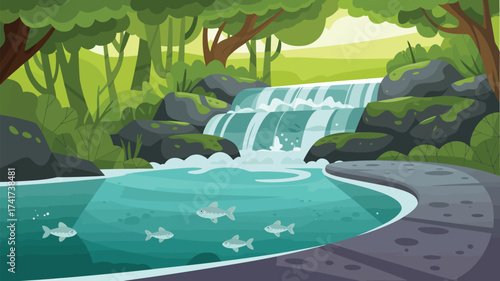Lush Forest Waterfall with Fish Swimming in a Clear Pool nature river