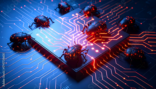 Cyber bugs swarming a microchip symbolize digital virus infection, data corruption, and system compromise.